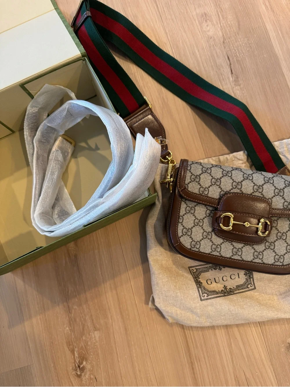 Gucci Beige GG Supreme Canvas Crossbody with Brown Leather & Green-Red Web Strap